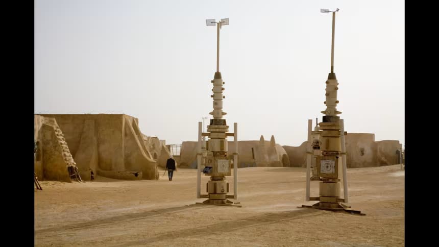 Two moisture vaporators standing in a dusty Tatooine settlement
