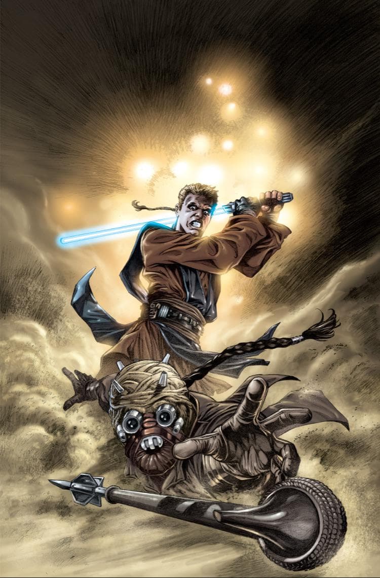 Anakin Skywalker swinging a lit lightsaber down at a Tusken Raider in a sandstorm