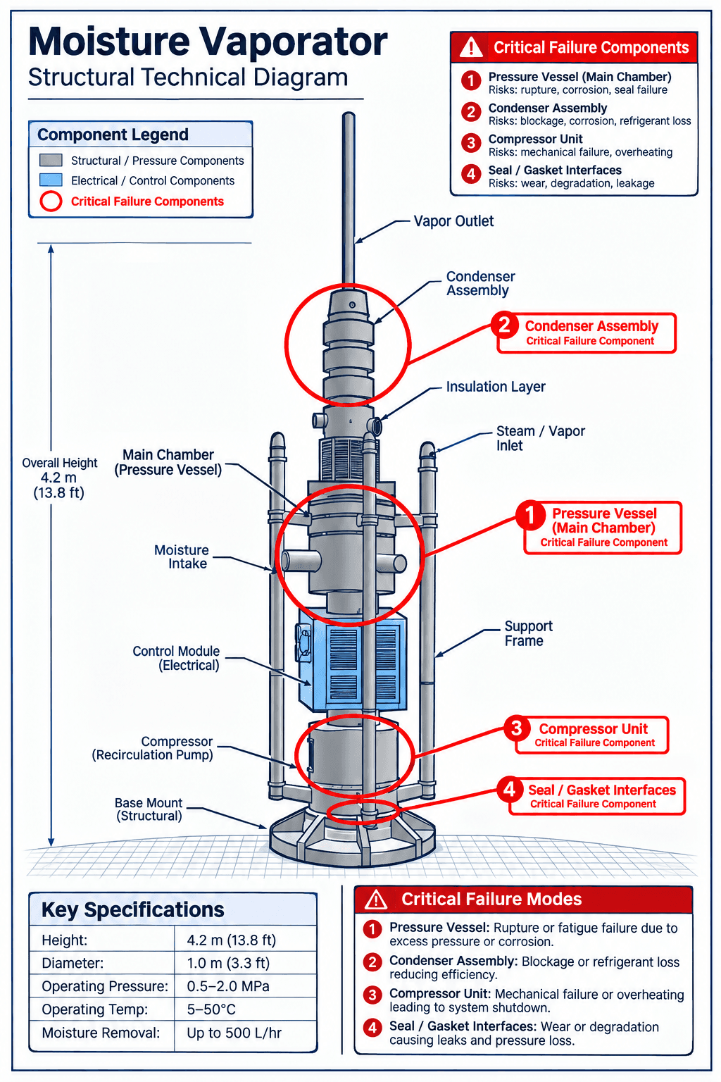 Structural technical diagram of a moisture vaporator, annotated with its critical failure components and key specifications