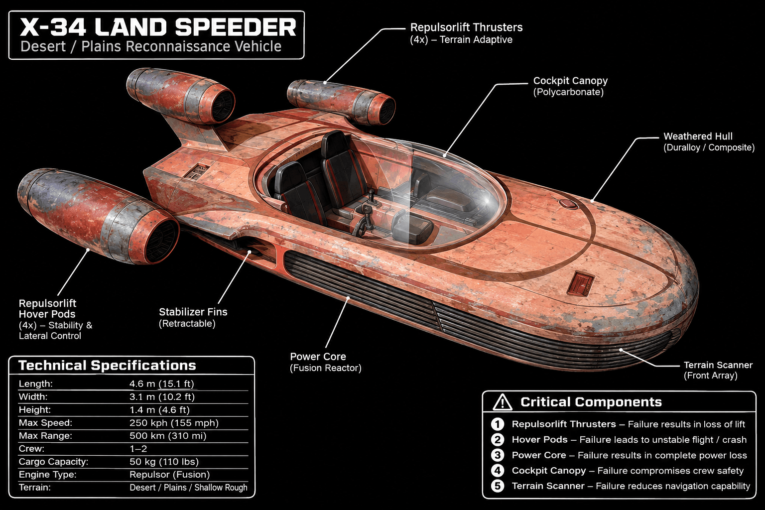 Technical diagram of an X-34 land speeder with labelled components and specifications