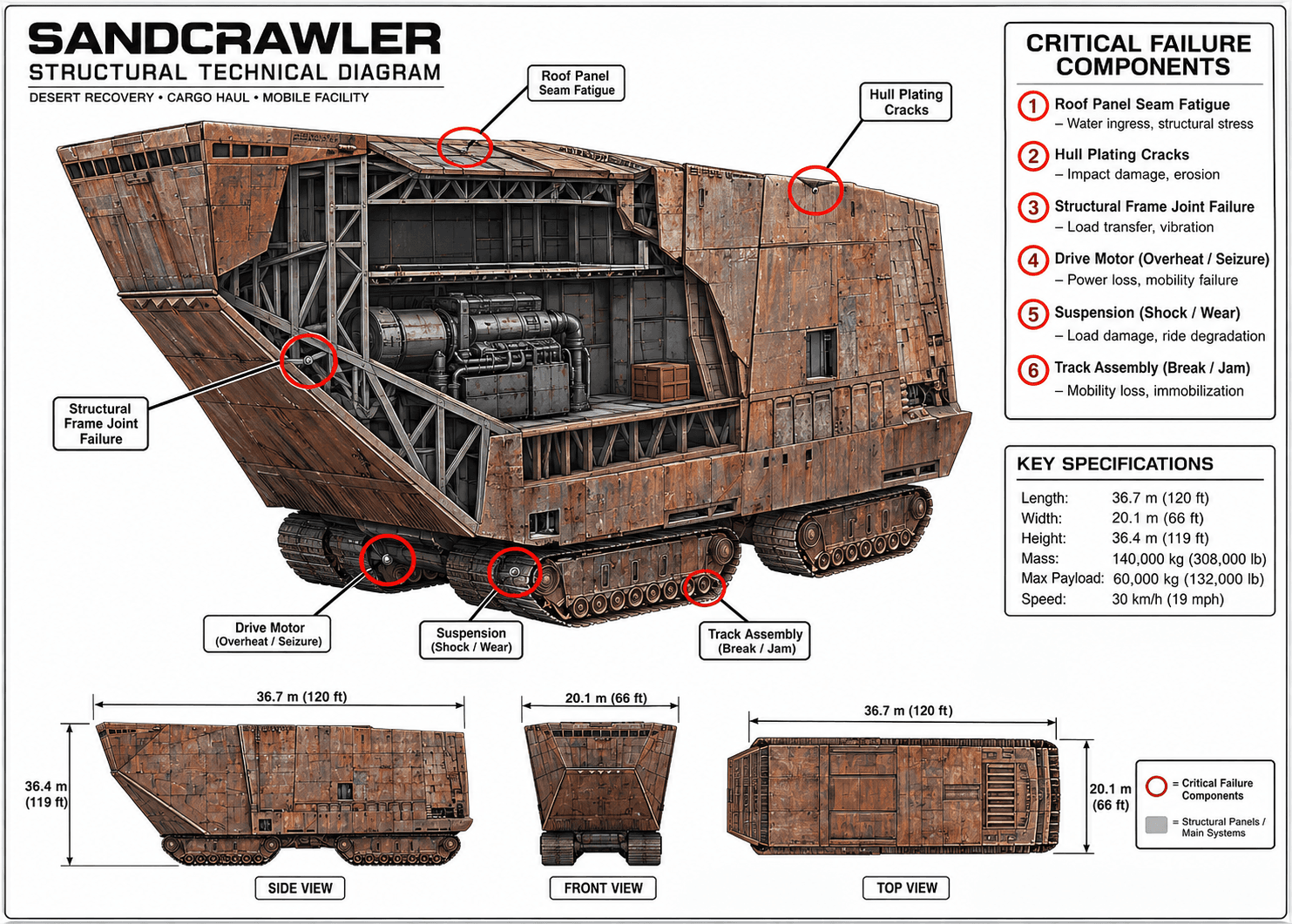 Sandcrawler structural technical diagram with cutaway, side, front and top views