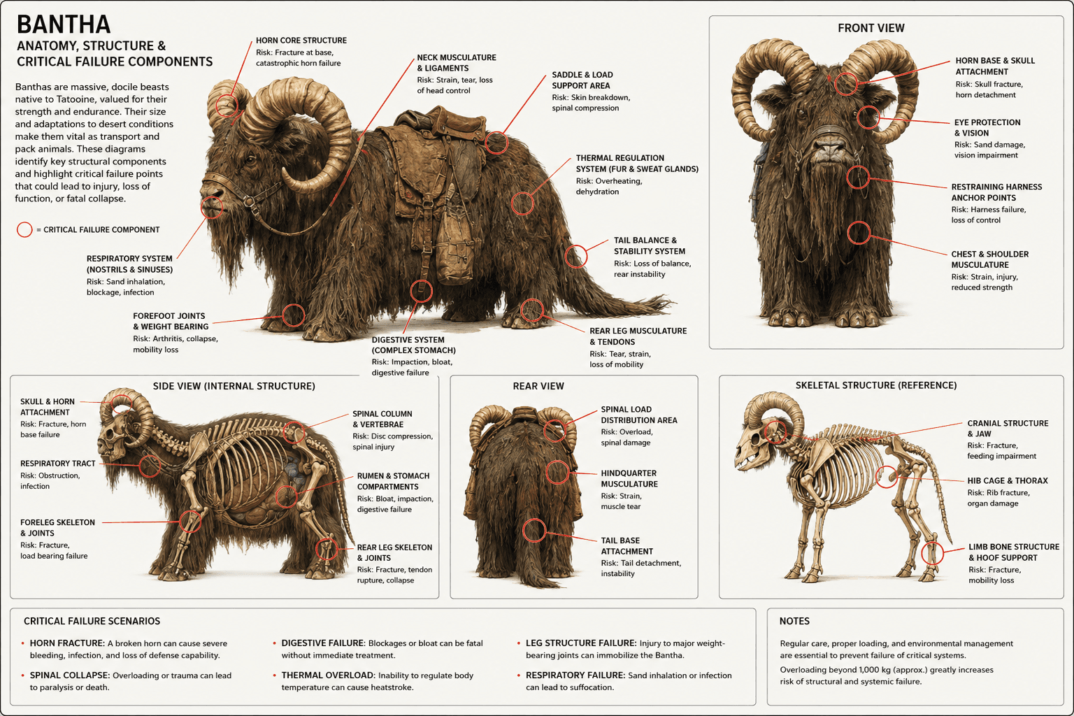 Bantha anatomy diagram with front, rear, side and skeletal views, marking critical failure components