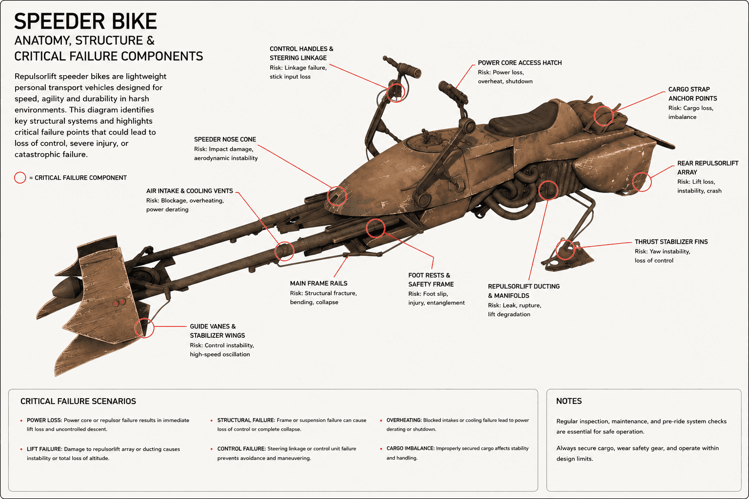 Speeder bike anatomy diagram marking critical failure components and failure scenarios
