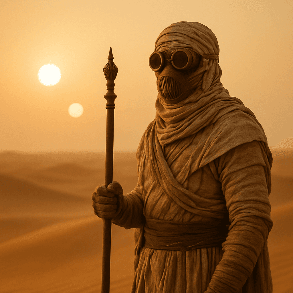 A Tusken Raider standing watch atop a golden dune beneath the twin suns